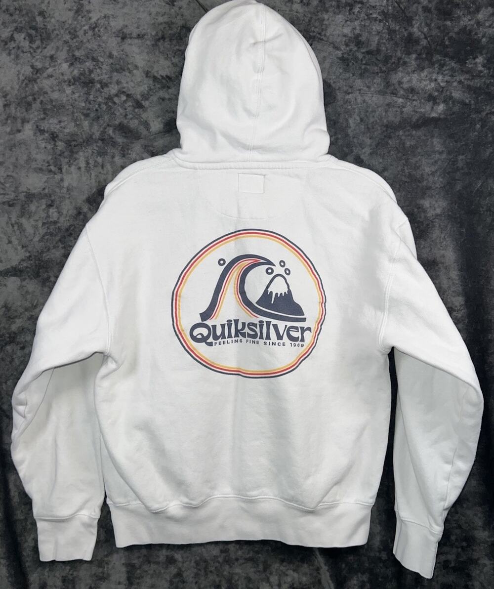 Quiksilver Hoodie Mens XL White Surf Logo Pullover Hooded Sweatshirt Graphic